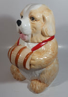 Cute Dog Holding Wooden Wine Barrel Keg 11" Tall Ceramic Cookie Jar Made in Taiwan