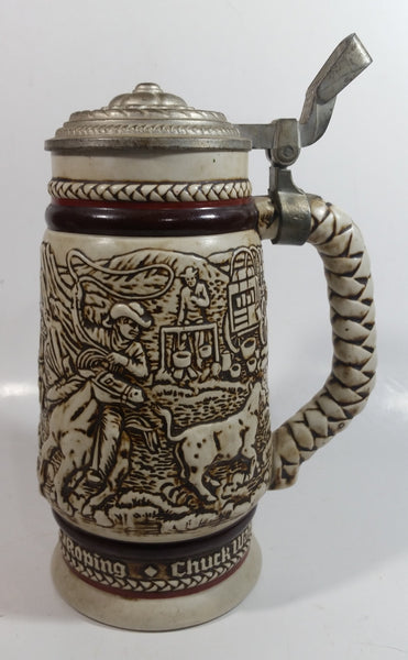1981 Avon Western Roping, Chuck Wagon, Cattle Drive Ceramic Beer Stein with Lid
