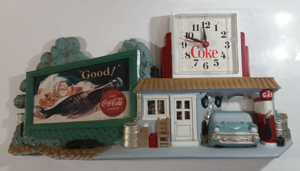 1990 Drink Coca-Cola In Bottles Coke Soda Pop Sprite Boy 50's Style Service Garage Gas Station Collector's Clock 14" x 18 1/2" Soft Drink Beverage Collectible