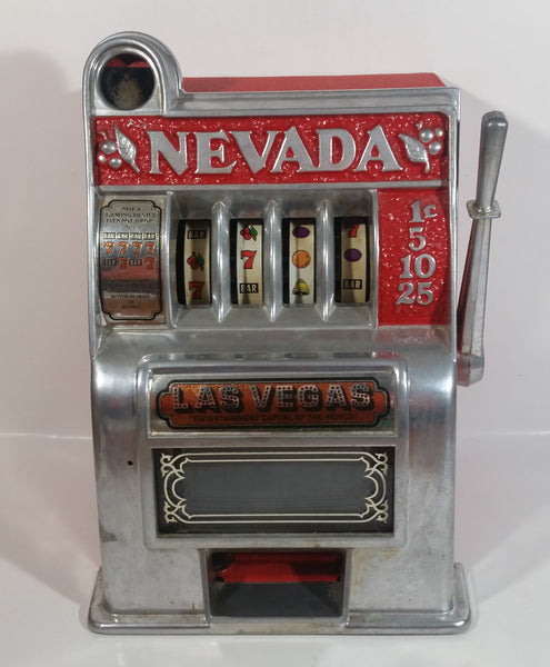 Vintage Nevada Las Vegas "Entertainment Capital of the World" 11" Tall Metal Coin Bank 4 Wheel