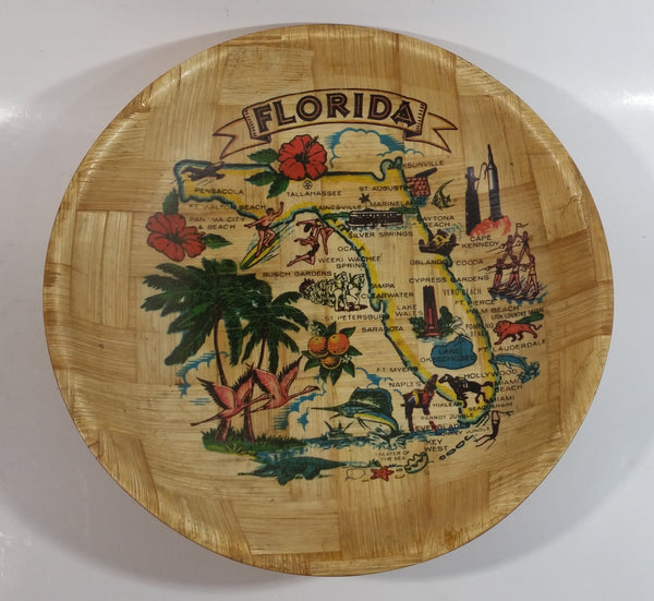 Vintage Florida State Woven Wood Wooden Bowl Souvenir Travel Collectible