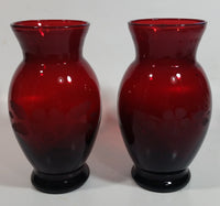 Set of 2 Vintage 1950s Anchor Hocking Ruby Red Glass Etched Flower Vase 6 1/4 inch Tall