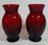 Set of 2 Vintage 1950s Anchor Hocking Ruby Red Glass Etched Flower Vase 6 1/4 inch Tall