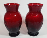 Set of 2 Vintage 1950s Anchor Hocking Ruby Red Glass Etched Flower Vase 6 1/4 inch Tall