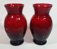 Set of 2 Vintage 1950s Anchor Hocking Ruby Red Glass Etched Flower Vase 6 1/4 inch Tall