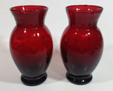Set of 2 Vintage 1950s Anchor Hocking Ruby Red Glass Etched Flower Vase 6 1/4 inch Tall