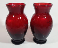 Set of 2 Vintage 1950s Anchor Hocking Ruby Red Glass Etched Flower Vase 6 1/4 inch Tall