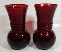 Set of 2 Vintage 1950s Anchor Hocking Ruby Red Pineapple Shaped Glass Etched Flower Vase 6 1/4 inch Tall
