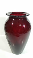 Vintage 1950s Anchor Hocking Etched Flowers and Leaves Ruby Red Glass Vase 9" Tall
