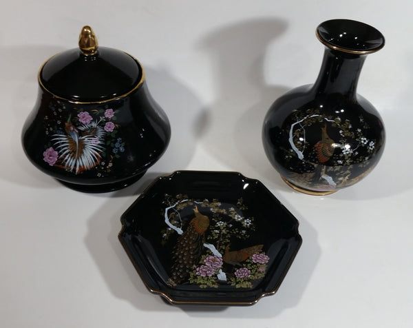 Vintage Otagiri Japan OMC Gold Trimmed Dark Blue Peacock Birds and Flower Themed Porcelain Jar, Plate, and Vase Set