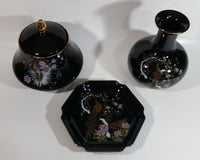 Vintage Otagiri Japan OMC Gold Trimmed Dark Blue Peacock Birds and Flower Themed Porcelain Jar, Plate, and Vase Set