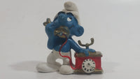 Vintage 1983 Peyo Smurf Character Talking on a Retro Rotary Red Telephone PVC Toy Figure