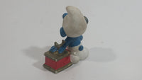 Vintage 1983 Peyo Smurf Character Talking on a Retro Rotary Red Telephone PVC Toy Figure