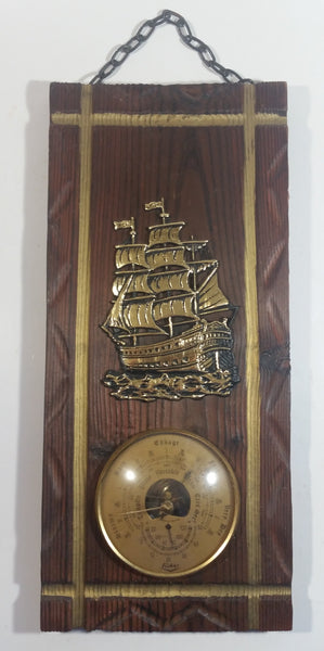 Vintage Fisher Tall Ship Boat Nautical Themed Rustic Wood Plank Barometer with Chain Hanger Weather Collectible Made in France