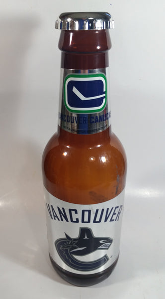 NHL Ice Hockey Vancouver Canucks 14" Tall Large Brown Plastic Bottle Shaped Coin Bank Sports Collectible Chrome Labels and Cap