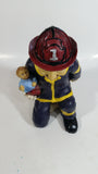 Fireman Firefighter Holding A Young Child Heavy Wine Bottle Holder Sculpture 9 1/2" Tall