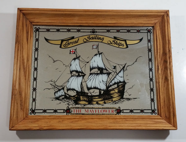 Vintage Rare Stamford Art Great Sailing Ships "The Mayflower" Wood Framed Glass Mirror Decorative Nautical Wall Hanging 11" x 14"