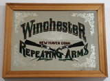 Vintage Winchester Repeating Arms New Haven Conn. Wood Framed Glass Mirror Gun Rifle Advertising Man Cave Cabin Wall Hanging 9" x 12"