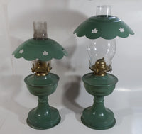 Set of 2 Vintage Dietz Kerosene Oil Lantern Lamp Green with Maple Leaf Theme 17" Tall and 15" Tall