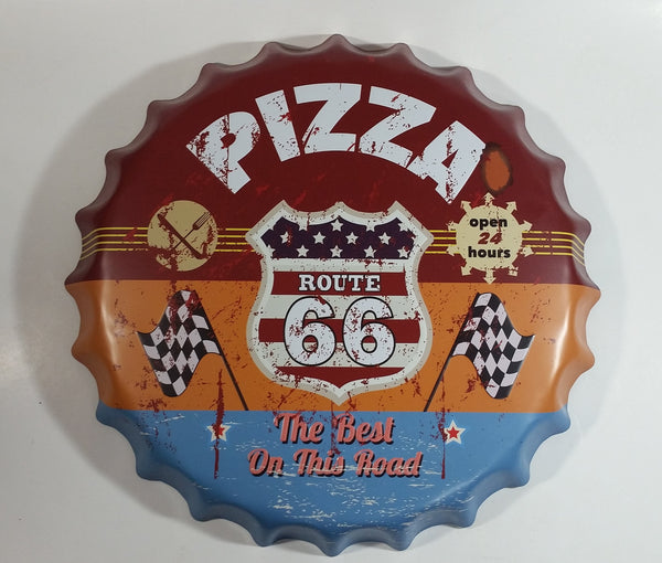 Route 66 Pizza The Best On The Road Open 24 Hours 16" Diameter Metal Tin Bottle Cap Shaped Embossed Sign