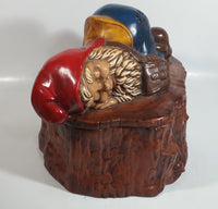 Vintage 1970s Gnome Dwarf Sleeping on a Tree Stump House with Fawn Peaking Through Door Ceramic Cookie Jar