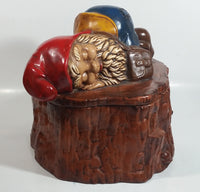 Vintage 1970s Gnome Dwarf Sleeping on a Tree Stump House with Fawn Peaking Through Door Ceramic Cookie Jar