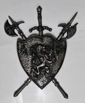 Vintage MBC Japan 1060 Cast Metal 24" x 30" Medieval Lion Coat of Arms Shield with Sword Axes Wall Decor Piece