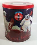 1995 Always Coca-Cola Coke Soda Beverage Happy Holidays Polar Bear Doing Winter Sports Flavored Popcorn 11" Tall Tin Metal Canister
