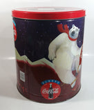 1995 Always Coca-Cola Coke Soda Beverage Happy Holidays Polar Bear Doing Winter Sports Flavored Popcorn 11" Tall Tin Metal Canister