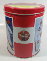 Coca-Cola Coke Soda Pop Drink Beverage Polar Bear Red and White Round Tin Metal Canister Collectible with Carriage Trade Mini Twist Pretzel Sticker Still On The Lid