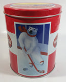 Coca-Cola Coke Soda Pop Drink Beverage Polar Bear Red and White Round Tin Metal Canister Collectible with Carriage Trade Mini Twist Pretzel Sticker Still On The Lid