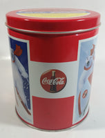 Coca-Cola Coke Soda Pop Drink Beverage Polar Bear Red and White Round Tin Metal Canister Collectible with Carriage Trade Mini Twist Pretzel Sticker Still On The Lid