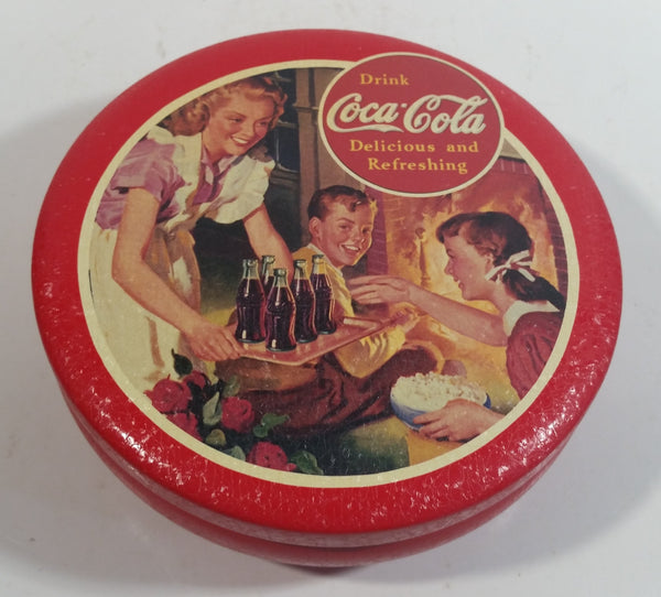 Coca-Cola Coke Soda Pop Drink Beverage Kids by Fireplace Scene Red Small Round Tin Metal Canister