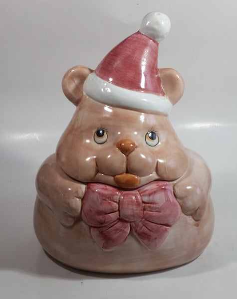 Pink Bear Wearing Santa Hat Ceramic Cookie Jar