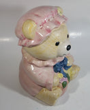 Cute Teddy Bear Wearing Pink Bonnet with Basket Ceramic Cookie Jar