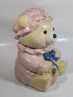 Cute Teddy Bear Wearing Pink Bonnet with Basket Ceramic Cookie Jar