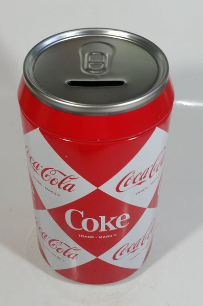 2003 Coca-Cola Coke Soda Pop Red and White Diamond Pattern 7 3/4" Tall Can Shaped Metal Coin Bank