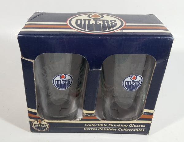 2007 Edmonton Oilers NHL Ice Hockey Team "Property of" "Hockey Club" Pair of 6" Tall Glass Cups in Box