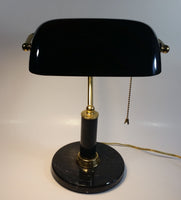 Vintage Curved Black Glass on Brass Black Marble Base and Pillar Bankers Desk Lamp 15" Tall