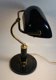 Vintage Curved Black Glass on Brass Black Marble Base and Pillar Bankers Desk Lamp 15" Tall