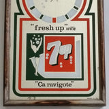 Vintage Hard To Find Rare Stamford Art "Fresh Up" with 7up "Ca Rivagote" Glass Mirror Wood Framed Soda Pop Beverage Advertising Clock 13 1/2" x 21"