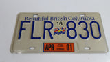 Beautiful British Columbia White with Blue Letters Vehicle License Plate FLR 830