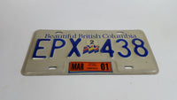 Beautiful British Columbia White with Blue Letters Vehicle License Plate EPX 438