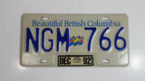 1992 Beautiful British Columbia White with Blue Letters Vehicle License Plate NGM 766