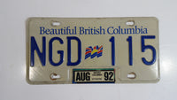 1992 Beautiful British Columbia White with Blue Letters Vehicle License Plate NGD 115
