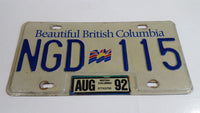 1992 Beautiful British Columbia White with Blue Letters Vehicle License Plate NGD 115