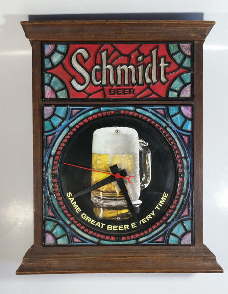 Rare Version Vintage 1970s Schmidt Beer Stained Glass Style Hard Plastic 15" x 18 1/2" Electric Plug In Clock Sign Working