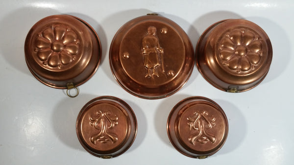 Set of 5 Vintage Copper Metal Jello Molds of Flower, Ornate Decor, and Man with Cane