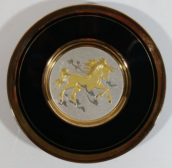 Vintage Rare Art of Chokin Unicorn in the Clouds Themed Black and Silver with 24K Gold Trim 6" Diameter Decorative Collector Plate