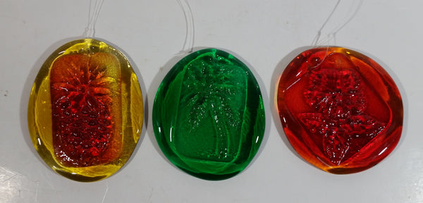 Beautiful Depression Glass Red Flower, Green Palm Tree, Yellow Pineapple Themed Wall Hangings Set of 3